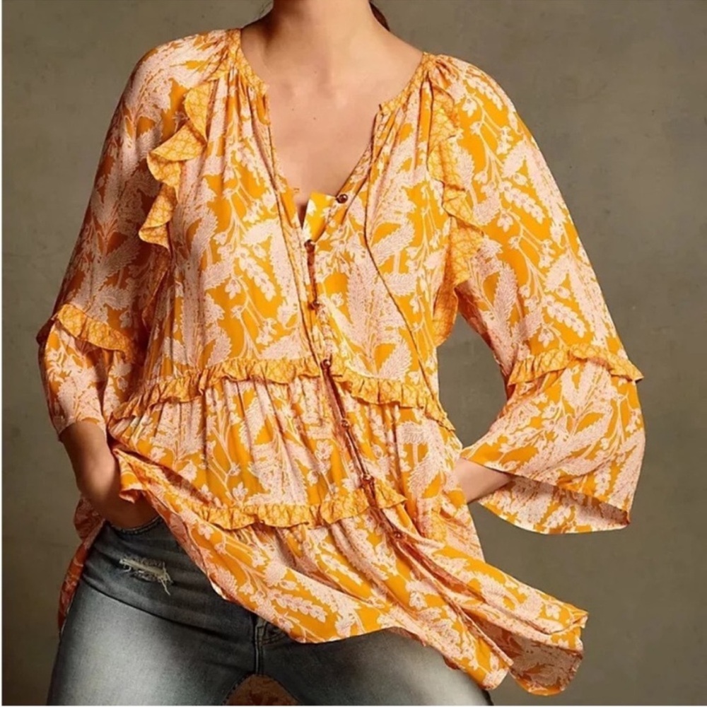 Anthropologie Mia Tiered Ruffled Tunic Top Orange Size Medium